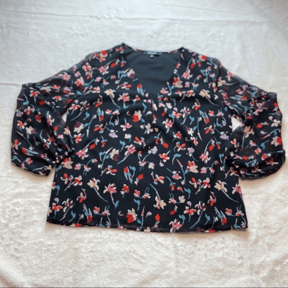 Madewell Drifting Flowers Floral Georgette Blouse XS Sheer Puff Sleeve V Neck